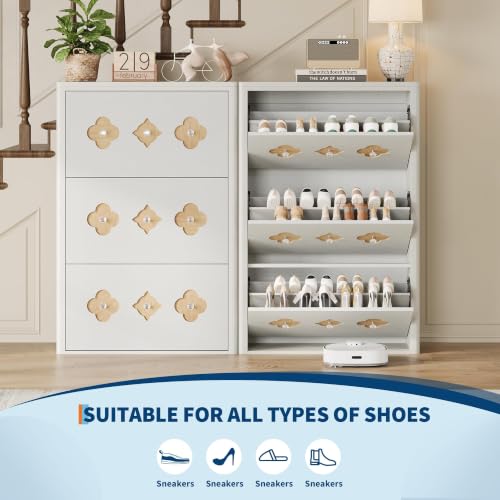 Image of GarveeHome Shoe Storage Cabinet with 3 Flip Drawers & Adjustable Shelves | Floral Pattern, Shoe Cabinet for Entryway, Hallway, Living Room, Narrow Wooden Shoe Cabinet, White
