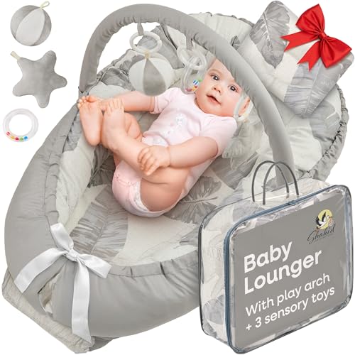 Image of Portable Baby Play Lounger for Supervised Floor Time w/Removable Toy Arch & 3 Toys - Padded Play Area, Breathable Cotton Cover, Travel-Friendly - Awake-Time Only | 0-24 Months (Grey Feathers)
