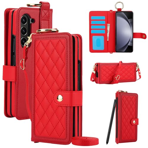 Étui Samsung Galaxy Z Fold 6 Asuwish rouge anti-chute avec dragonne et RFID