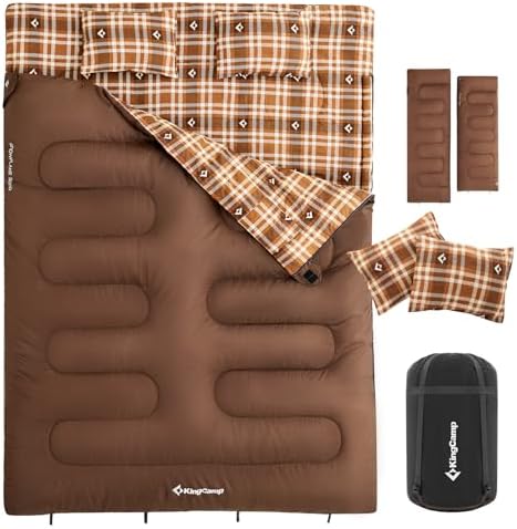 KingCamp Double Sleeping Bag for Adults, Queen Size 2 Person XXL Flannel Sleeping Bag, Waterproof Lightweight Flannel Quilt with 2 Pillows, Perfect for Couples Family Camping Hiking, Coffee