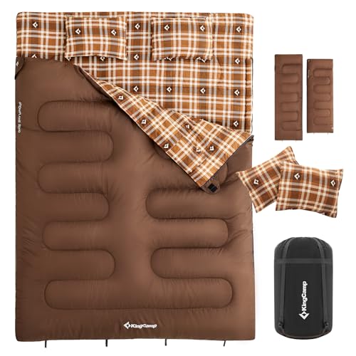 KingCamp Double Sleeping Bag for Adults, Queen Size 2 Person XXL Flannel Sleeping Bag, Waterproof Lightweight Flannel Quilt with 2 Pillows, Perfect for Couples Family Camping Hiking, Coffee
