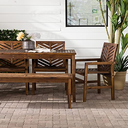 Walker Edison 7 Person Outdoor Wood Chevron Patio Furniture Dining Set Table Chairs Bench All Weather Backyard Conversation Garden Poolside Balcony, 6 Piece, Dark Brown #TOP3