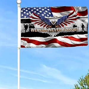 mokarier We Will Never Forget Veteran American Memorial Day Grommet Flag Banner with Grommets 3x5Ft College Home Room Man Cave Frat Wall Banner Decor