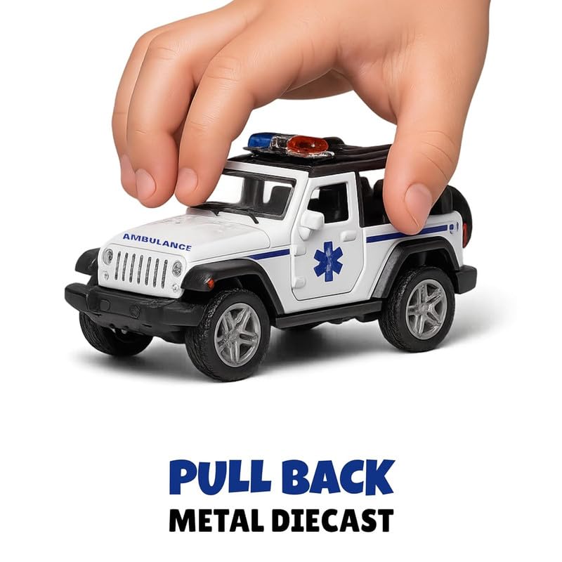 Image of Amisha Gift Gallery Diecast Ambulance Jeep Toy Car for Kids | Pull Back Action, Emergency Vehicle, Openable Doors, Mini Metal Model Car for Boys & Girls