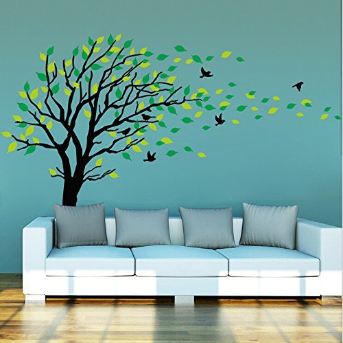 Large Tree Blowing In The Wind Tree Wall Decals Wall Sticker Vinyl Art Kids Rooms Teen Girls Boys Wallpaper Murals Sticker Wall Stickers Nursery Decor Nursery Decals (Black And Green,Right) #TOP3