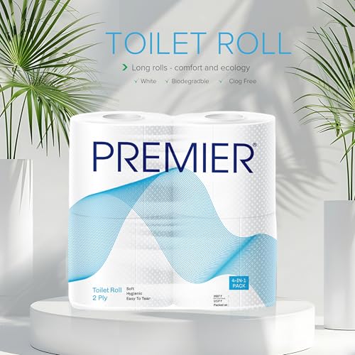 Image of Premier Toilet Tissue Paper Rolls (1280 Pulls) | 2-Ply Soft and Highly Absorbent | 320 Pulls x 4 Rolls | Biodegradable | Clog Free | Flushable | Easy to Tear | Family Pack (4in1) Toilet Paper Roll