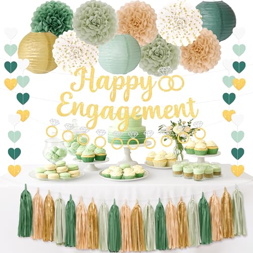 Kriyokiaa Engagement Party Decorations Sage Green Engaged Decorations with Gold Happy Engagement Banner, Includes Paper Pom Poms Paper Lanterns, Tassels for Couple Bridal Shower Decor