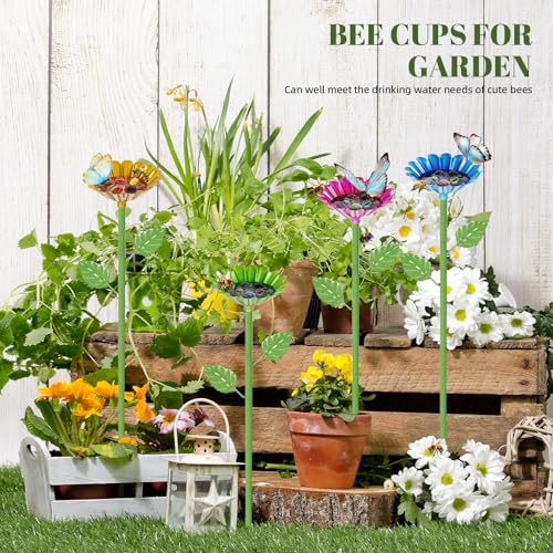 Bienengießstation, 4 Stück Metall Bienenbecher für Garten, Bienenfutterspender für durstige Bestäuber mit 20 Glasmurmeln, Bestäuber Wasserspender für Bienen & Schmetterlinge, Outdoor Garten Hof Dekor