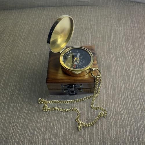 Brújula náutica vintage de latón con cadena y caja de madera miniatura 7