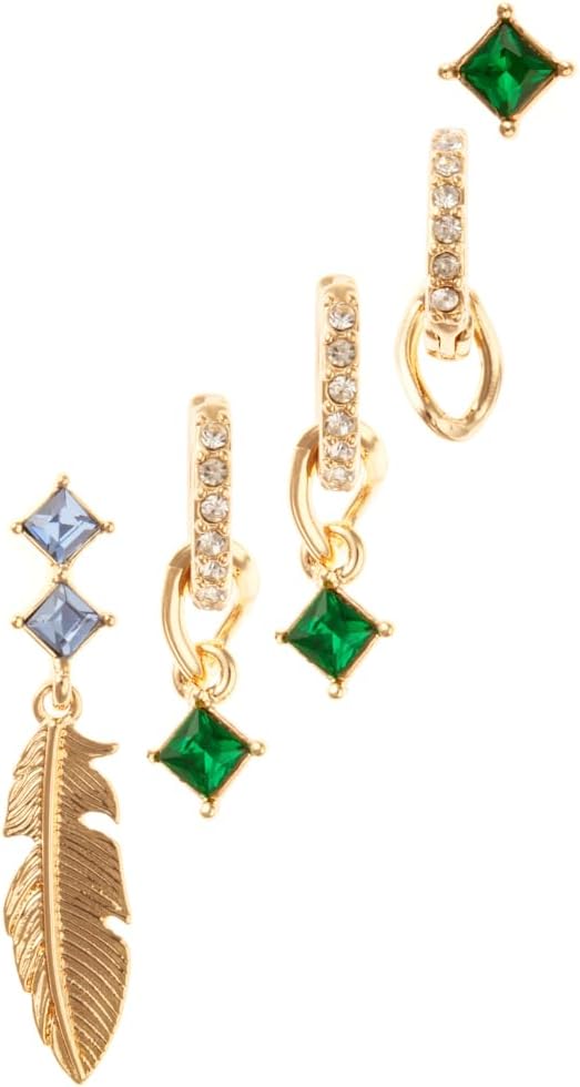 8 Other Reasons Wicked Destined to Fly 5-Piece Earring Set | Feather Charm Drop Earrings with Emerald Green Crystal Accents | 18K Gold Plated Brass Hoop, Stud & Charm Statement Jewelry Set for Women