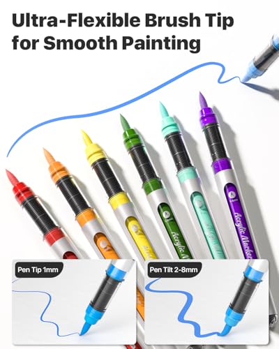 Image of JusArt Acrylic Paint Markers Brush Tip 18 Colors, Water-Based No-Bleed Markers with Automatic Ink Control, Waterproof Acrylic Paint Pens for DIY Art & Crafts -Fabric, Wood, Rock, Ceramic, Metal