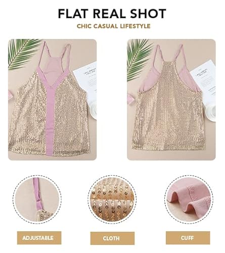 Shawhuwa Women's Sexy V Neck Night Club Sequin Tank Tops Casual Loose Strappy Racerback Camisoles Sleeveless Cami Shirt Blouses Small Pink #TOP4