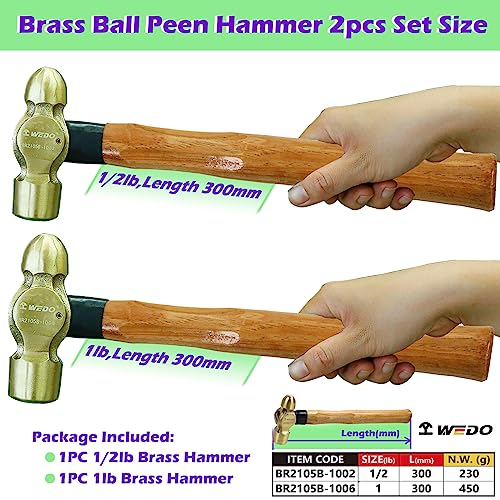 Image of WEDO 2PCS Brass Ball Peen Hammer Set, 8 oz + 16 oz(1 /2lb+1lb), Brass Ball Pein Hammer Set with Wooden Handle, Die-Forged, Corrosion Resistant, DIN Standard