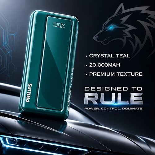 Image of Philips 20000mAh 22.5W Fast Charging Power Bank (Deep Cyan) with Digital LED Display | Type-C & USB-A Input /Output | 3 Output Ports | Lithium Polymer | Portable for Mobile, Tablet & Earbuds