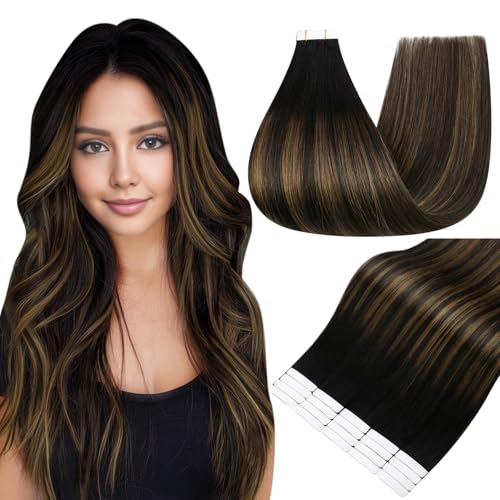 Image of Full Shine Human Hair Extensions Tape in, Off Black Brown Ombre 12 Inch | 30g 20PCS, Seamless Skin Weft Tape in Hair Extensions, Balayage Invisible Blend Double Sided Adhesive Soft Daily Volume
