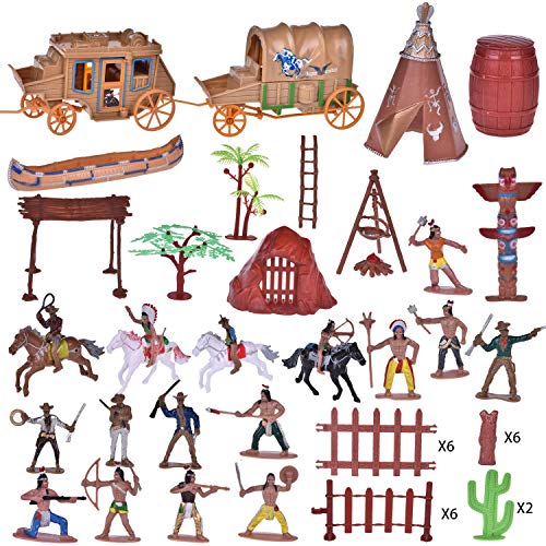 Fun Little Toys 61 Pcs Wild West Cowboys And Indians Plastic Figures Toys, Toy Soldiers For Kids, Wild West Figure Playset With Horse, Tent, Army Men Boy's War Game, Educational Toys, Birthday Gift #TOP1