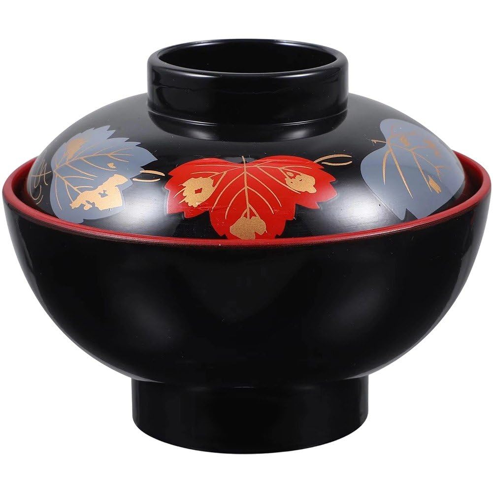 Sanfly 1 Sets Miso Soup Bowls with Lids Unbreakable Traditional Japanese Melamines Soup Bowl, Rice Bowls Ramen Bowl for Instant Noodle, Snack
