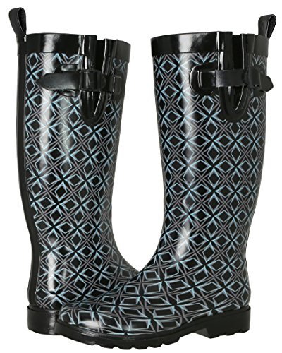 Capelli New York Ladies Shiny Tall Rubber Cozy Lined Rain Boots Geometric Print Black Combo 6