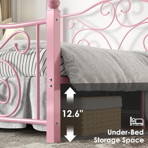 Image of VECELO Full Size Bed Frame with Headboard and Footboard, Heavy Duty Metal Slat Support, Platform Mattress Foundation, No Box Spring Needed, Easy Assembly, Light&Pink