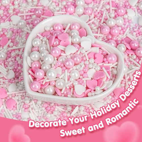 Image of Edible Heart Sprinkles for Cake Decorating,White Pink Pearl Sugar Jimmies Mix Size 130g /4.58oz,Baking Candy Decorations,Cupcake Toppers,Cookie Donuts Ice Cream Dessert Decorating,Wedding Birthday Party Supplies