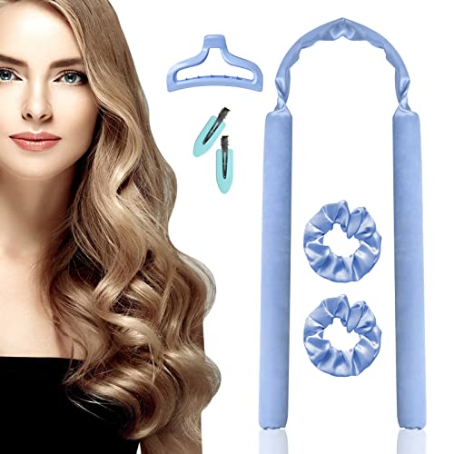 Heatless Curling Rod Headband- Heatless Hair Curler with Hair Clips and Scrunchie, Overnight Hair Curlers for Long Hair, Tik Tok Curls Silk Ribbon Hair Rollers Kit to Sleep In(Blue)