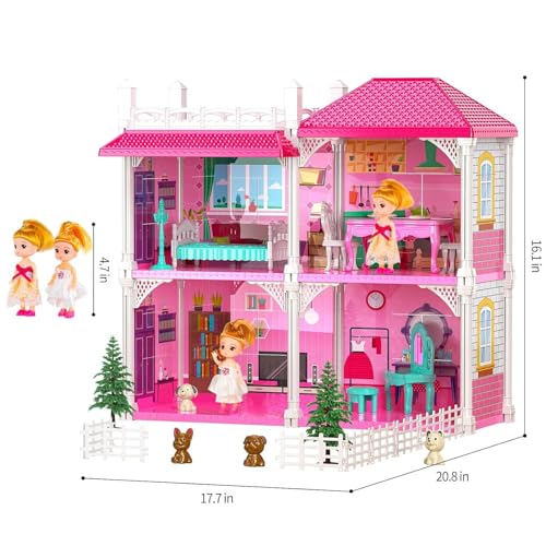 Image of Princess Doll House Building DIY Accessories, Furniture Pretend Play Gift Toys for 3 to 10 Year Old Girls Gify, Doll House Set for Girls, Doll House with 2-Story 4 Rooms, Kitchen & Furniture Set