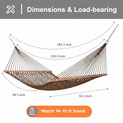 Image of SUNCREAT Hanging Backyard Rope Hammock with Spreader Bar, Carrying Bag, 450 lbs Capacity, Portable Two Person Hammock with Tree Hooks, Brown