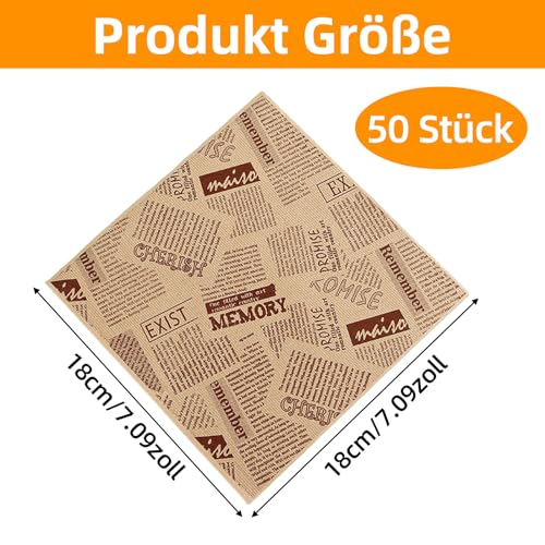 50 Lebensmittelbeutel Oldnews, 18 x 18 cm, Fast Food und Snackbeutel, 100 % recycelbare Papiertüten