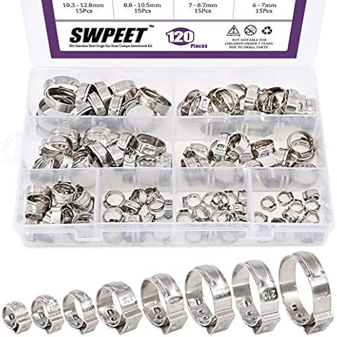 Swpeet 120Pcs 8 Sizes 304 Stainless Steel Single Ear Hose Clamps Cover