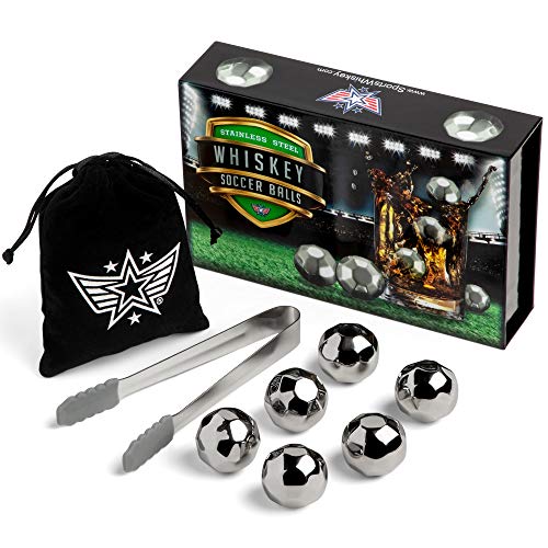 Soccer Whiskey Stones, Set of 6 Stainless Steel Reusable Ice Cubes - Chilling Rocks for Whisky, Bourbon, Scotch and Wine - Gift for Fathers Day, a Coach, Boss - Unique Gifts for Men