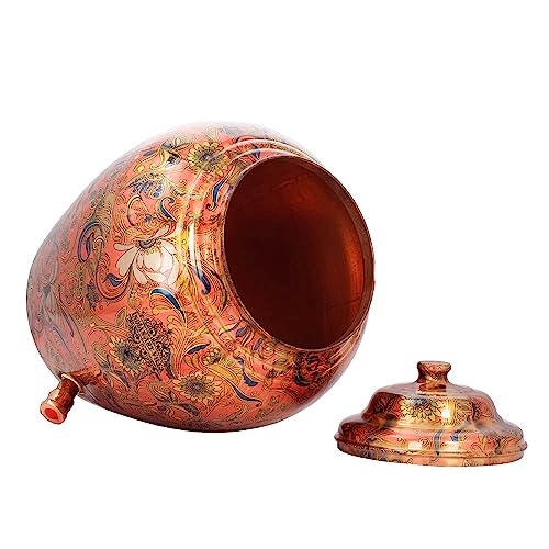 Image of Indian Art Villa Printed Flower Design Copper Water Dispenser Pot Matka, Storage, Home Kitchen Garden, 13 LTR