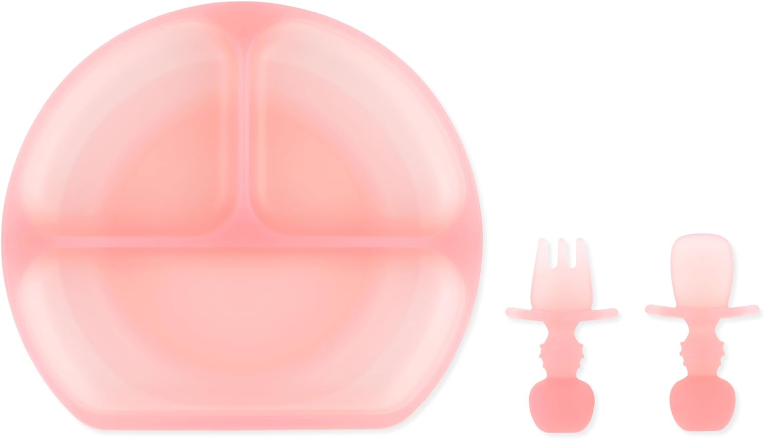 Bumkins - Jelly Silicone Grip Dish 3-Section & Training Chewtensils - For Ages 6 Months+ - Suction Base - 100% Food-Safe Silicone - Oven, Microwave, & Dishwasher Safe - Jelly Pink