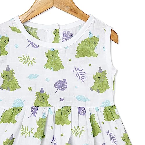 Image of The Boo Boo Club 100% Muslin Organic Cotton Button Frock for Baby Girls | Sleeveless A-line Dress /Frock | 12-18 M | Dinosaur Print