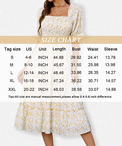 Vaiaye Women's 2023 Spring Summer Floral Smocked Midi Dress Square Neck Casual Boho Long Flowy Tiered Holiday Beach Sun Dresses Yellow #TOP4