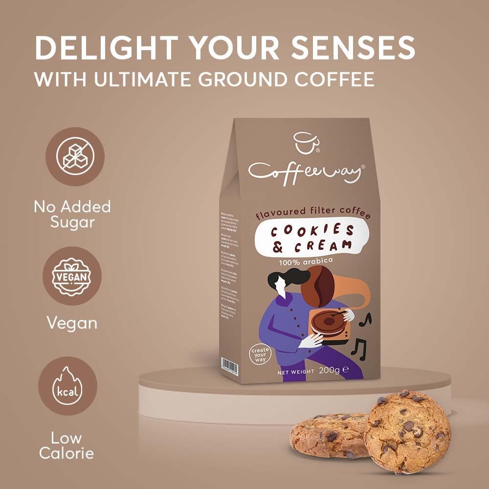 Coffeeway Caffè macinato aromatizzato con biscotti e panna, 800 g (4 x 200 g) - Eccezionale caffè macinato, sapientemente tostato, chicchi Arabica Premium, senza glutine, ipocalorici, senza zucchero,