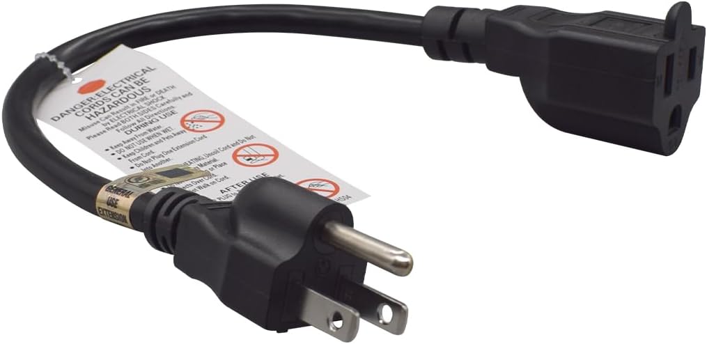 Toptekits Heavy-Duty Power Short Extension Cord 1 Foot, NEMA 5-15P to NEMA 5-15R Male to Female US Extension Cable, 3 Prong Cord Extender, UL Listed, 16AWG, 1ft/0.3m