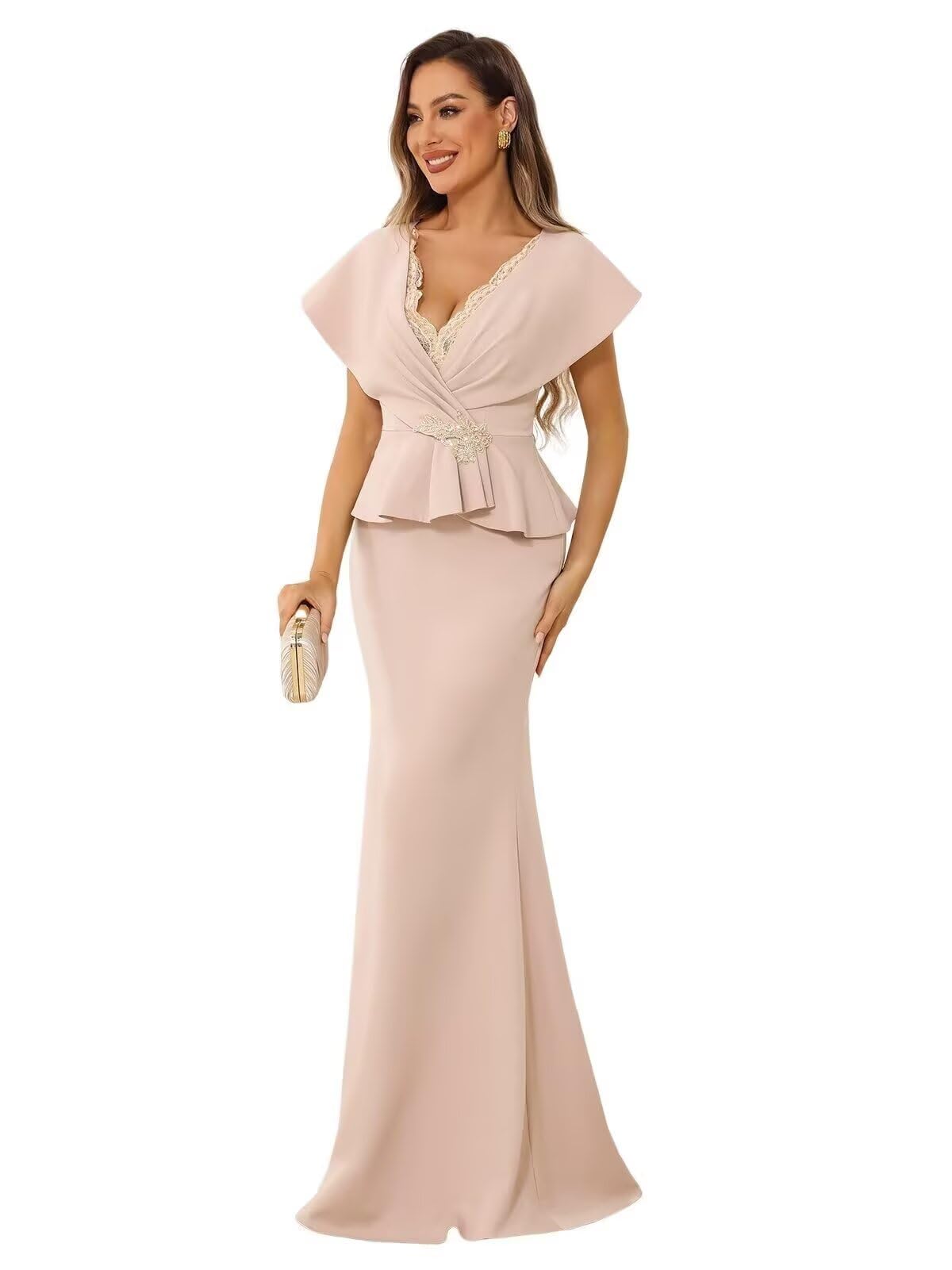 Mermaid Mother of The Bride Dresses for Wedding Chiffon V Neck Formal Evening Gown