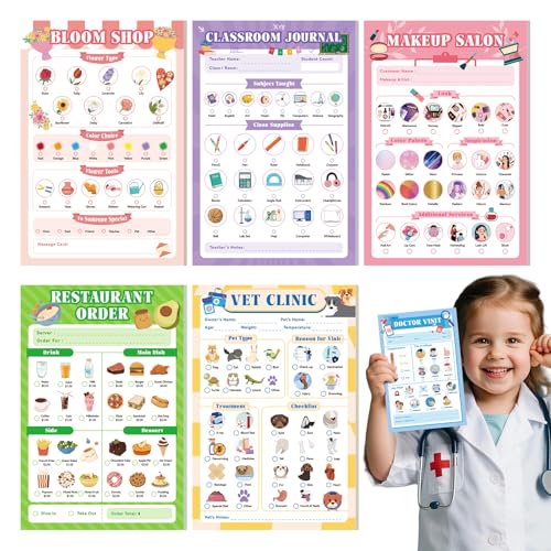 MOMOTONX 6 Pack Kids Pretend Play Notepads, 40 Pages Kids Playtime Pads, 4'' x 6'' Imaginative Role Play Activity Pads for Girls