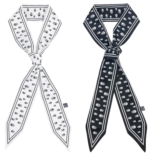 2Pcs 2 Colors Black White Skull Scarf Fashion Skeleton Pattern Neck Tie Neckerchief Versatile Handbag Handle Wrist Wrap Cover Skinny Soft Silk Headband Hair Head Scarves for Women Accessory