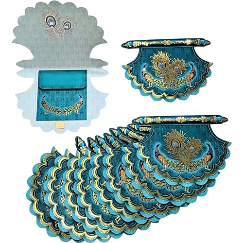 Shagun Envelopes (Pack of 10) Pankha Fan Shaped 2-fold Fancy Designer Set Money Cash Gift Envelope for Indian Wedding/Engagement/Diwali/Birthday/Anniversary (Turquoise)
