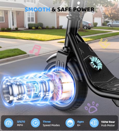 Image of Electric Scooter for Kids Ages 6-12, 150W Motor,10 Mph Max Speed, LED Display, K2-2 Speeds (6 /10 MPH), K2 Pro /K6-3 Speeds, Magnetic Charging, Colorful Light, Dual Brake Scooter for Girls Boys
