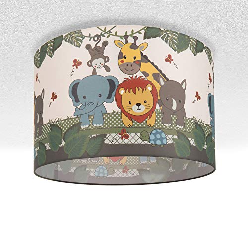 Preisvergleich Produktbild Kinderlampe Deckenlampe LED Pendelleuchte Kinderzimmer, Dschungel-Tiere, E27, Lampenschirm: Grün (Ø45.5 cm), Lampentyp: Deckenleuchte Silber