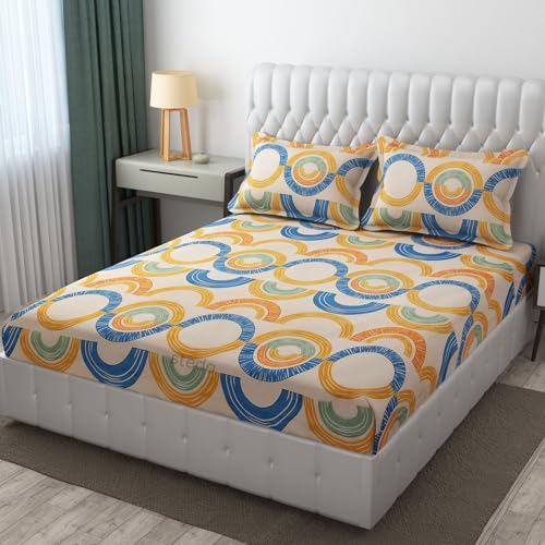 Image of IVAZA Ezyption Cotton Super Soft 240 TC Elastic Fitted All Around Elastic Printed King Size Double Bed Bedsheet with 2 Pillow Cover 72 inch X 78 inch Cream Blue