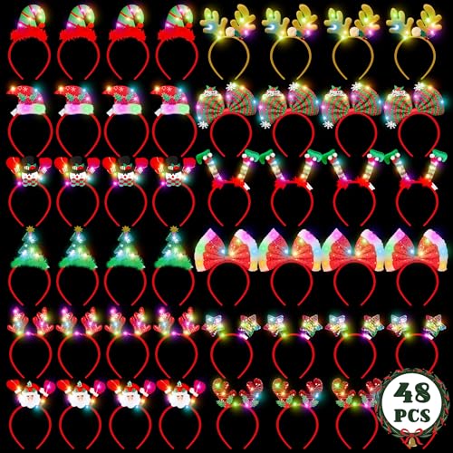 HOVACY 48 Pcs Light Up Christmas Headbands, LED Christmas Hair Hoop Snowman Santa Elf Bow Tree Star Reindeer Antlers in 12 Styles for Xmas Party Favors Decor Supplies Holiday Accessories