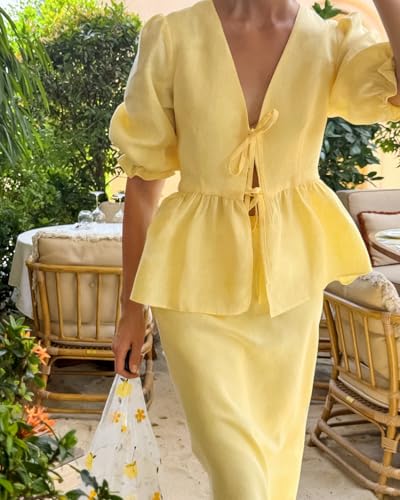 Womens Maxi Skirt 2 Piece Outfits Solid Color V Neck Puff Sleeves Top High Waist Maxi Skirt Casual Going Out Sets4