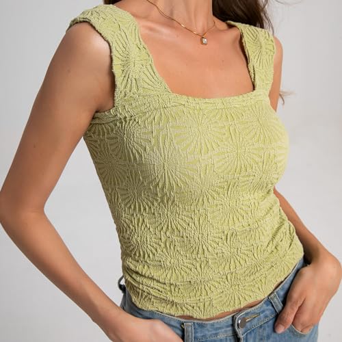 Women's Square Neck Wide Strap Crop Tank Tops Flower Going Out Tops Slim Fit Lettuce Trim Crop Cami Tops