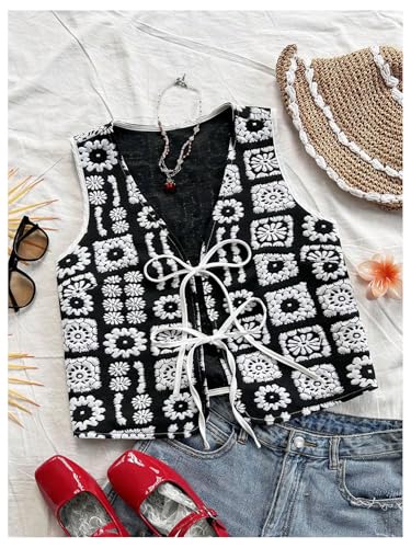 Verdusa Women's Bow Tie Floral Embroidered Vest Tops Boho V Neck Sleeveless Cardigan Outwear3