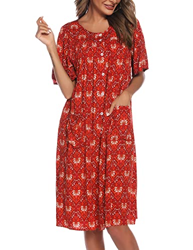 COSUNIONY House Dresses for Women Cotton Short Sleeve House Coat Buttons Down Dusters Robe with Pockets S-XXL3