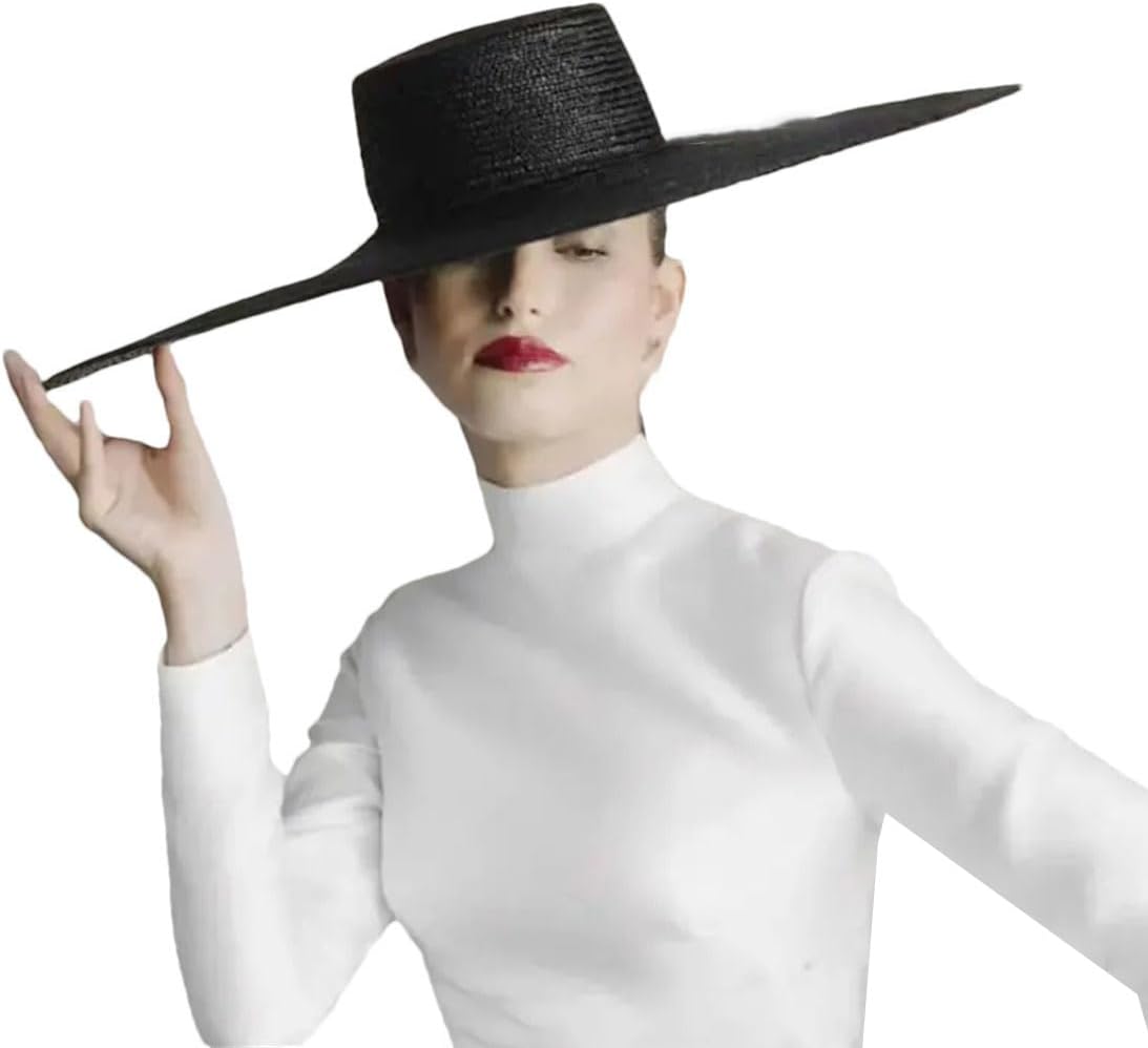 Women Wide Brim Straw Fedora Hat 18CM Flat Top Sun Hat French Retro Summer Outdoor Cap
