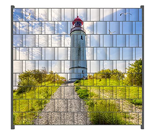 Wallario Zaun Sichtschutz Windschutz für EIN- und Doppelstabmattenzäune in der Größe Breite 2,00m x Höhe 1,80m, Motiv: Leuchtturm auf Hiddensee bei Sonnenschein